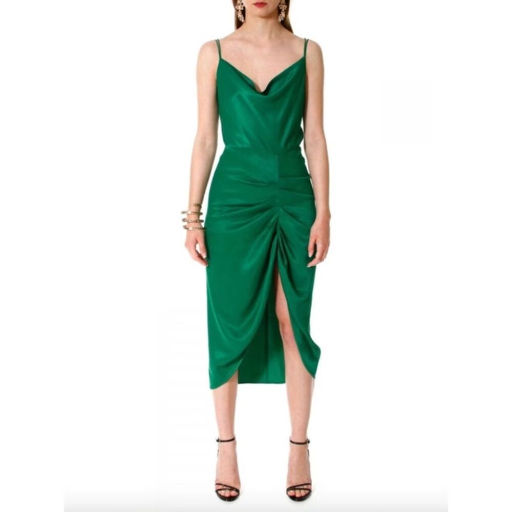 AGGI Selected Silk Dress Size S Emerald Green NEW Midi Slit Criss Cross Straps